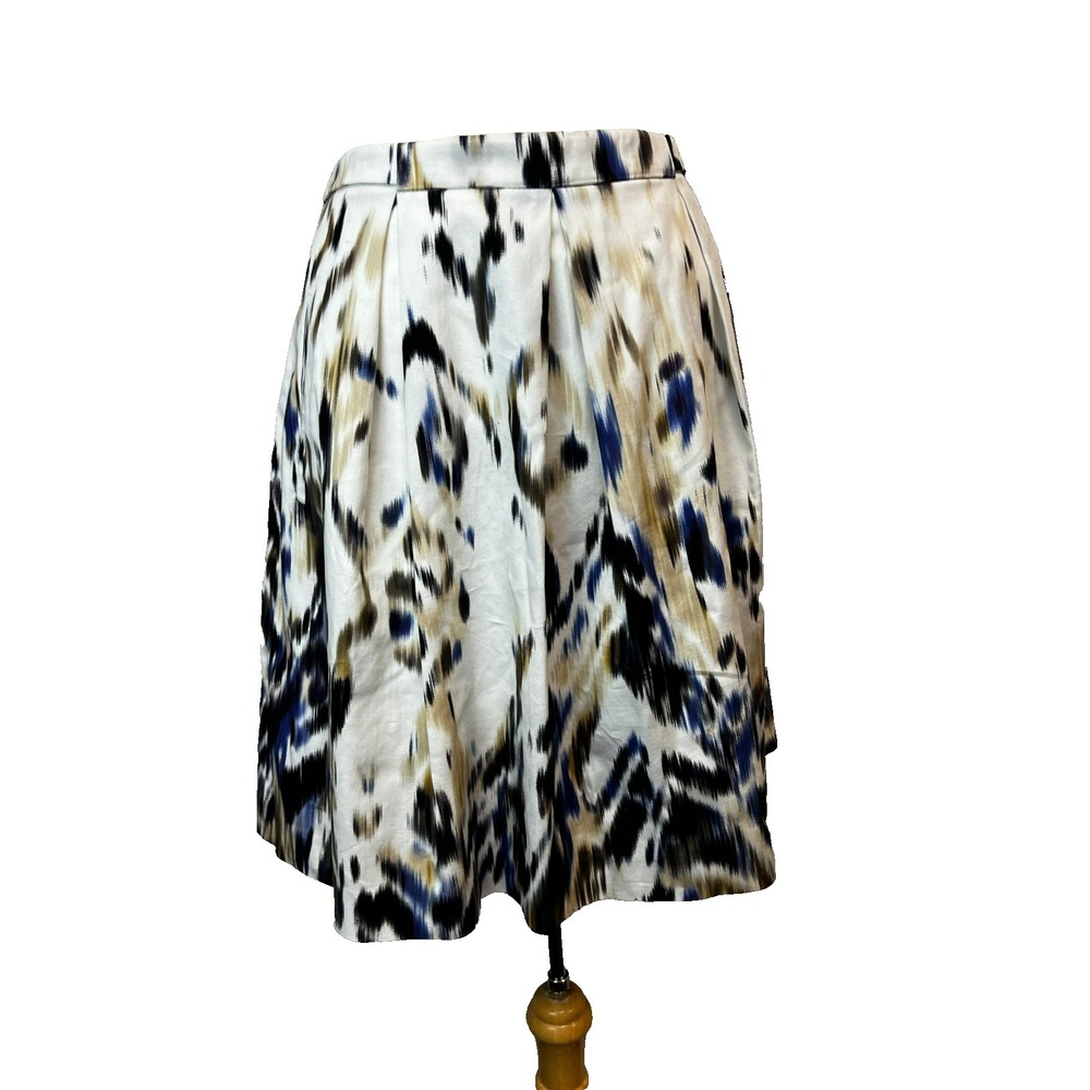 Elie Tahari Pleated A-Line‎ Skirt Ivory Watery Ikat Print Knee Length Lined, 12